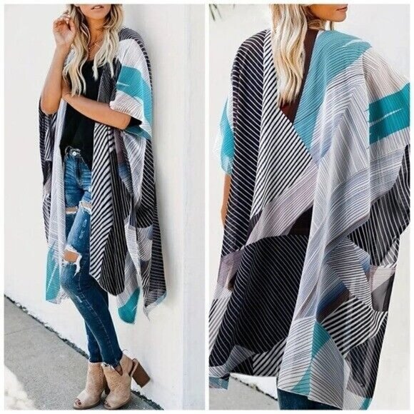 Moss Rose Striped Print Cover Up Shirt, V Neck Loose Fit Half Sleeves Kimono OS - Picture 1 of 10